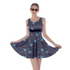 Blue Airplanes In The Night Sky Pattern Skater Dress