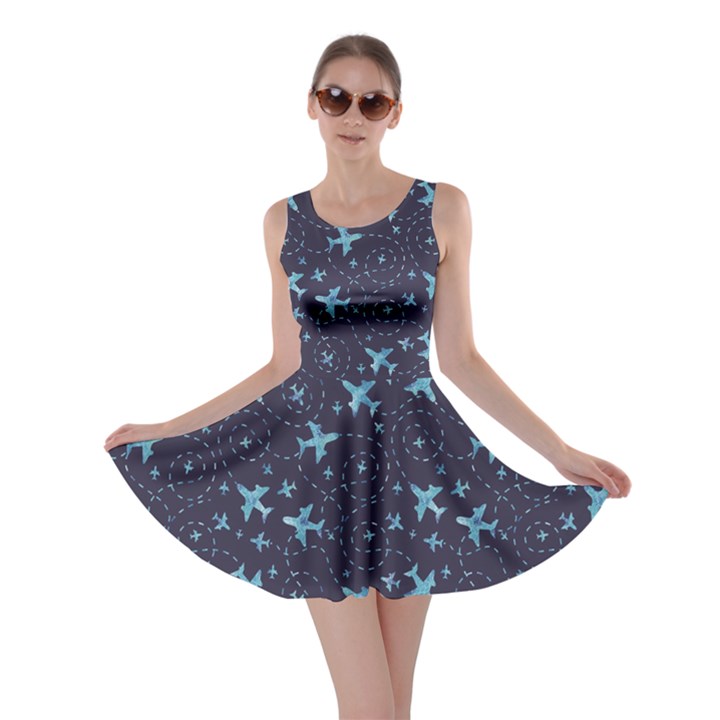 Blue Airplanes in the Night Sky Pattern Skater Dress