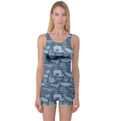 Blue Cute Doodle Blue Whales Marine Seamless Boyleg One Piece Swimsuit