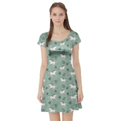 Green Pattern Of Racing White Horses And Flowers Short Sleeve Skater Dress by CoolDesigns