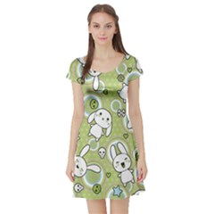 Green Pattern With Doodle Kawaii Short Sleeve Skater Dress by CoolDesigns