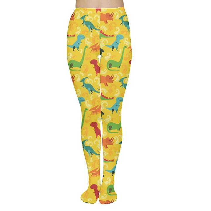 Yellow Cartoon Dinosaur Pattern Women s Tights