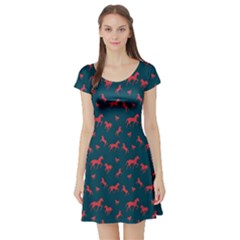 Blue Pattern Horses Short Sleeve Skater Dress