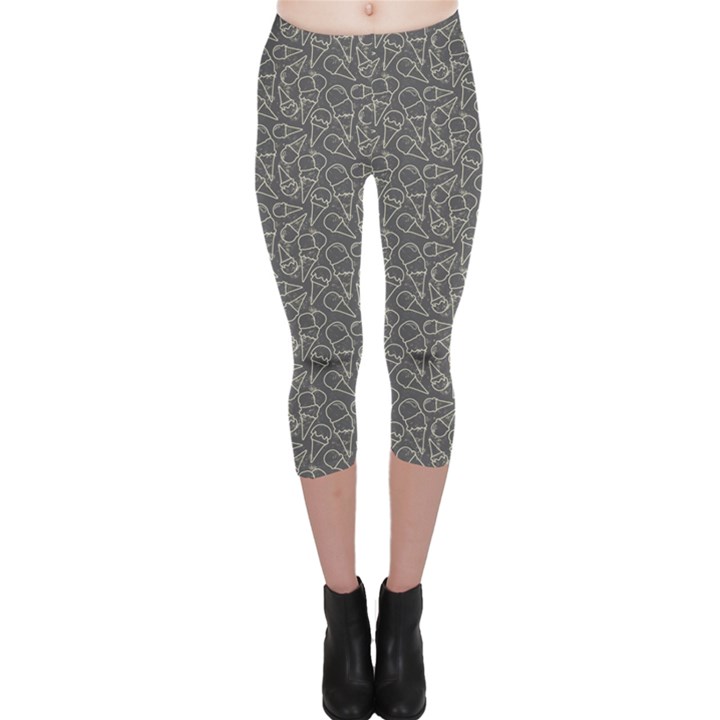 Black Grunge Pattern with Ice Cream Cons on Grey Capri Leggings