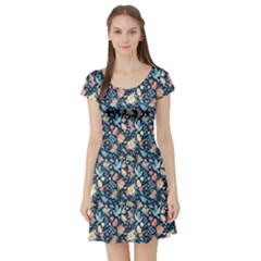 Colorful Cute Pattern Birds And Flowers Short Sleeve Skater Dress by CoolDesigns