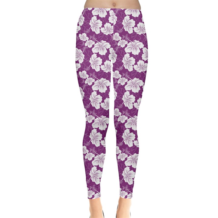 Purple with Hibiscus Flower Hawaiian Patterns Leggings