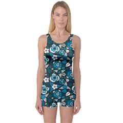 Blue Colorful Leafs And Flowers Pattern Women s One Piece Swimsuit by CoolDesigns