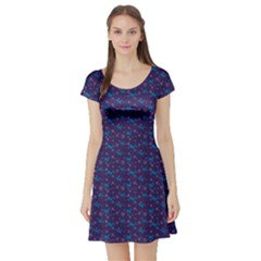 Blue Dark Blue Christmas Pattern With Blue Goats  Short Sleeve Skater Dress by CoolDesigns