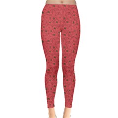 Red Floral Pattern Doodle Poppies Old Style Crown Leggings