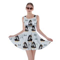 Dark Pattern Little Cute Penguins On Blue Skater Dress