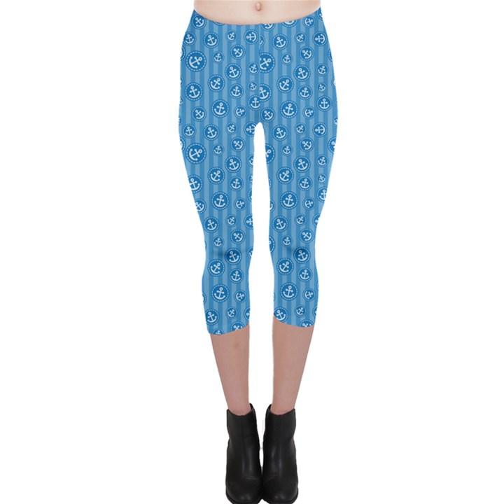 Blue Anchor Pattern Capri Leggings