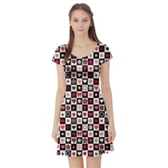 Red Black And White Checkered Pattern Red Hearts Pattern Short Sleeve Skater Dress
