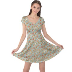 Brown Retro Pattern With Detailed Slices Of Pizza Cap Sleeve Dress