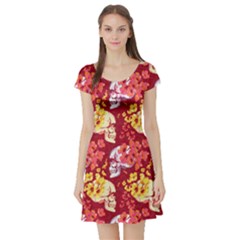 Red Skull Vintage Floral Short Sleeve Dress