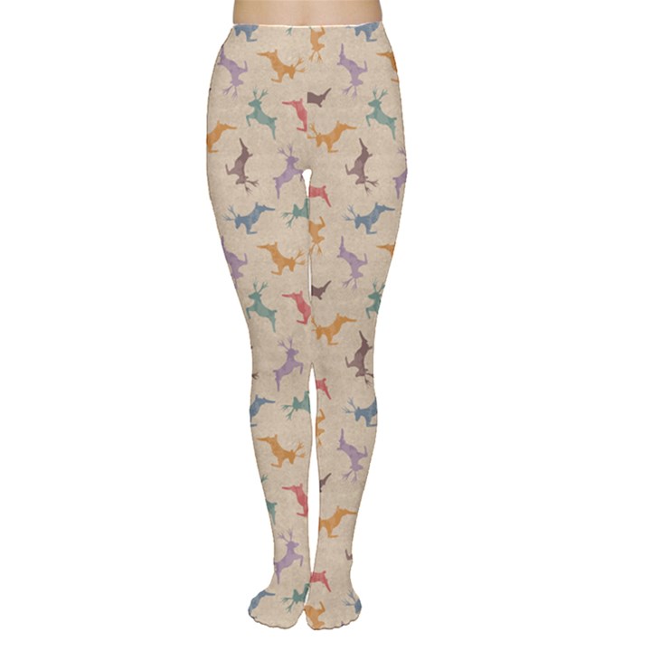 Brown Retro Christmas Pattern with Colorful Deers on A Vintage Women s Tights