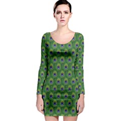 Green Peacock Feathers Long Sleeve Bodycon Dress