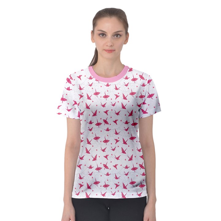 Pink Origami Cranes in Love on the Branches Print Women s Sport Mesh Tee