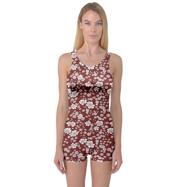 Red Floral Pattern in Retro Style Boyleg One Piece Swimsuit