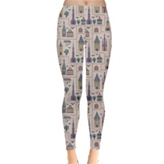 Blue Pattern Ancient Town Castles Houses Trees Birds Leggings