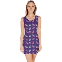 Purple With Color Pattern Birds Bodycon Dress