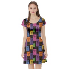 Colorful Geometric Colorful Pattern Of Hand Drawn Sketch Short Sleeve Skater Dress