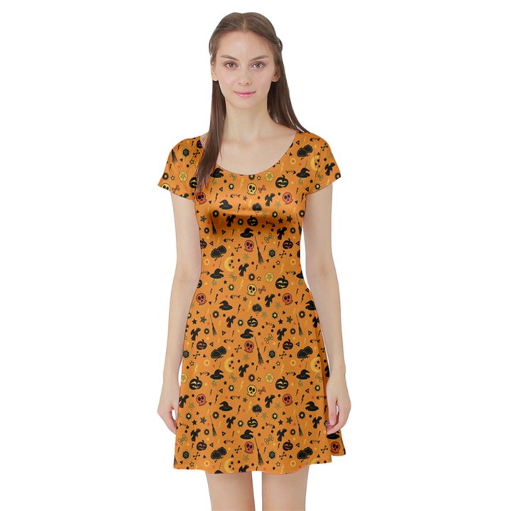 Orange Halloween Pattern Short Sleeve Skater Dress