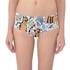 Colorful Cartoon Pattern With Funny Cats And Colored Birds Mid Waist Bikini Bottom