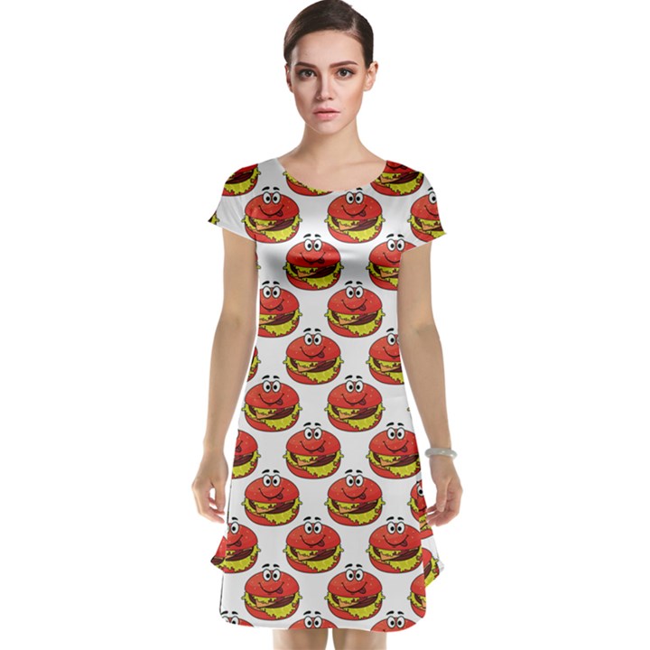 Red Cartoon Cheeseburger Pattern Colored Happy Smiling Burger Cap Sleeve Nightdress