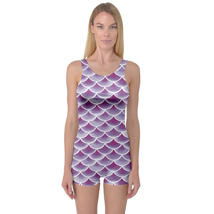 Purple Watercolor Retro Fish Scales Texture Pattern Women s One Piece Swimsuit