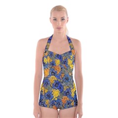 Floral Pattern Background Boyleg Halter Swimsuit  by Simbadda