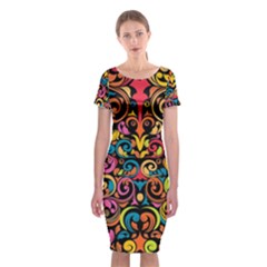 Chisel Carving Leaf Flower Color Rainbow Classic Short Sleeve Midi Dress by Alisyart