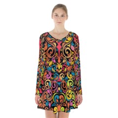 Chisel Carving Leaf Flower Color Rainbow Long Sleeve Velvet V-neck Dress by Alisyart