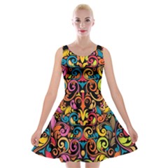 Chisel Carving Leaf Flower Color Rainbow Velvet Skater Dress by Alisyart