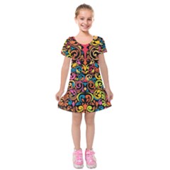 Chisel Carving Leaf Flower Color Rainbow Kids  Short Sleeve Velvet Dress by Alisyart