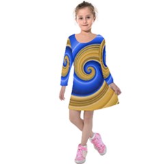 Golden Spiral Gold Blue Wave Kids  Long Sleeve Velvet Dress