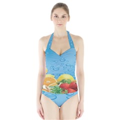 Fruit Water Bubble Lime Blue Halter Swimsuit
