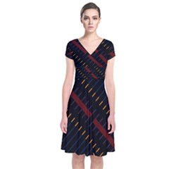 Material Design Stripes Line Red Blue Yellow Black Short Sleeve Front Wrap Dress