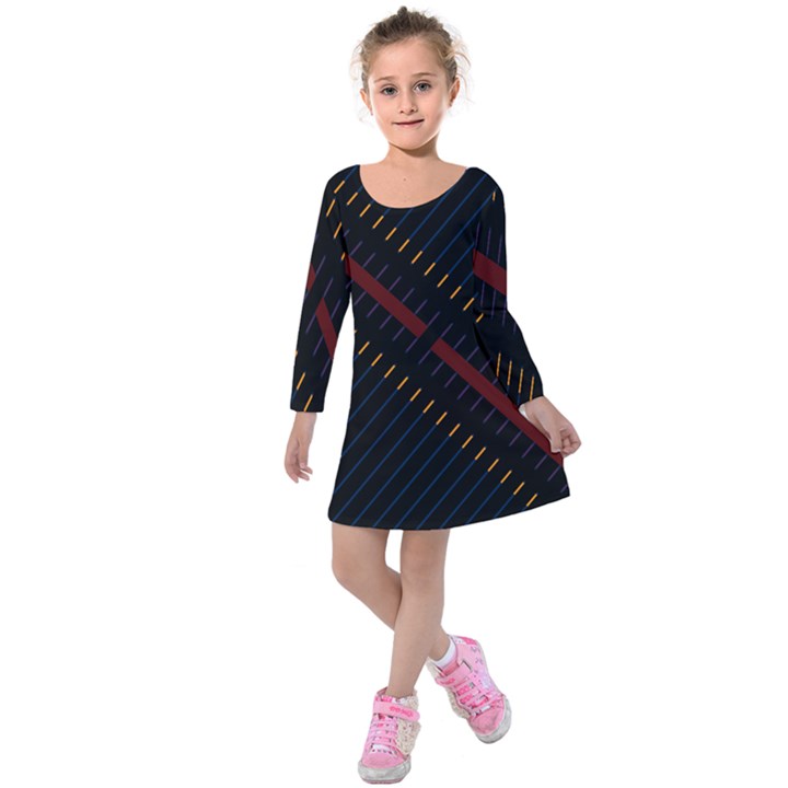 Material Design Stripes Line Red Blue Yellow Black Kids  Long Sleeve Velvet Dress