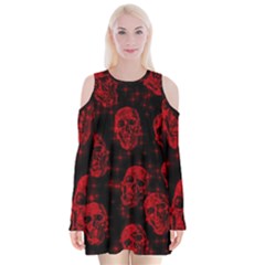 Sparkling Glitter Skulls Red Velvet Long Sleeve Shoulder Cutout Dress by ImpressiveMoments