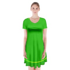 Green Circle Fractal Frame Short Sleeve V-neck Flare Dress by Simbadda