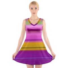 Stripes Colorful Background Colorful Pink Red Purple Green Yellow Striped Wallpaper V-neck Sleeveless Skater Dress by Simbadda