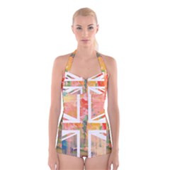 Union Jack Abstract Watercolour Painting Boyleg Halter Swimsuit  by Simbadda