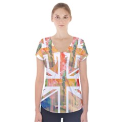 Union Jack Abstract Watercolour Painting Short Sleeve Front Detail Top by Simbadda