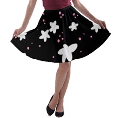 Square Pattern Black Big Flower Floral Pink White Star A-line Skater Skirt