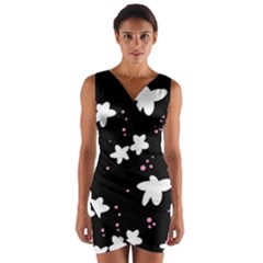 Square Pattern Black Big Flower Floral Pink White Star Wrap Front Bodycon Dress by Alisyart