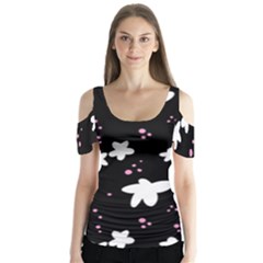 Square Pattern Black Big Flower Floral Pink White Star Butterfly Sleeve Cutout Tee 