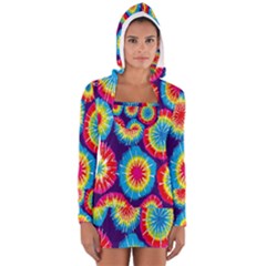 Tie Dye Circle Round Color Rainbow Red Purple Yellow Blue Pink Orange Women s Long Sleeve Hooded T-shirt