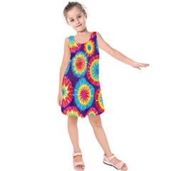 Tie Dye Circle Round Color Rainbow Red Purple Yellow Blue Pink Orange Kids  Sleeveless Dress by Alisyart