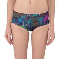 Dark Watercolor On Partial Image Of San Francisco City Mural Usa Mid-waist Bikini Bottoms by Simbadda