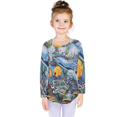 Colorful Aquatic Life Wall Mural Kids  Long Sleeve Tee by Simbadda